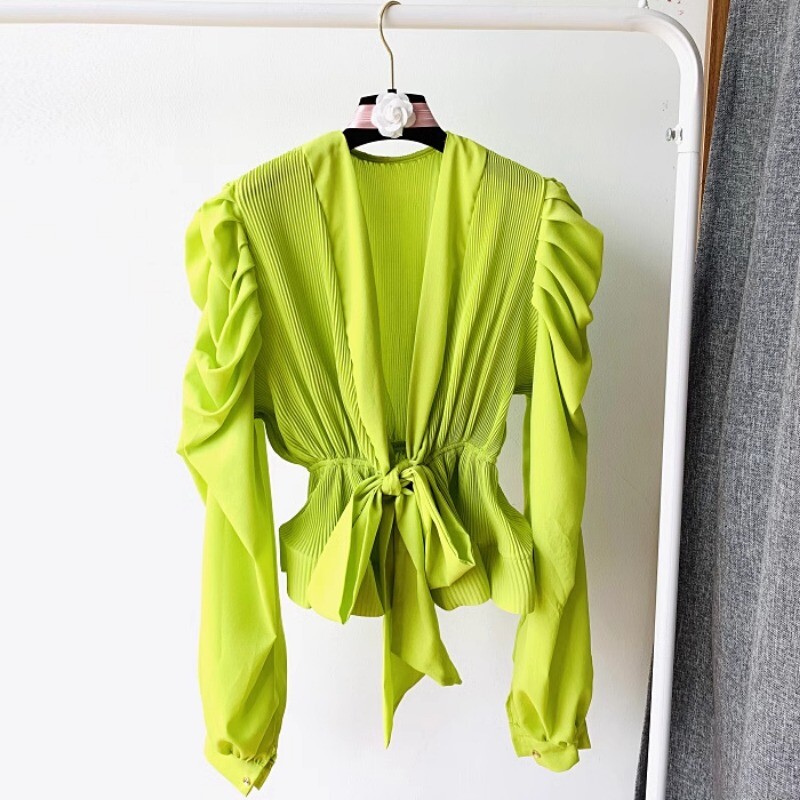 Elegáns francia blúz női hajlított élű, V-nyakú, hosszú, felfújt ujjú ingek Őszi udvar stílusú alkalmi női felsők Dropshipping