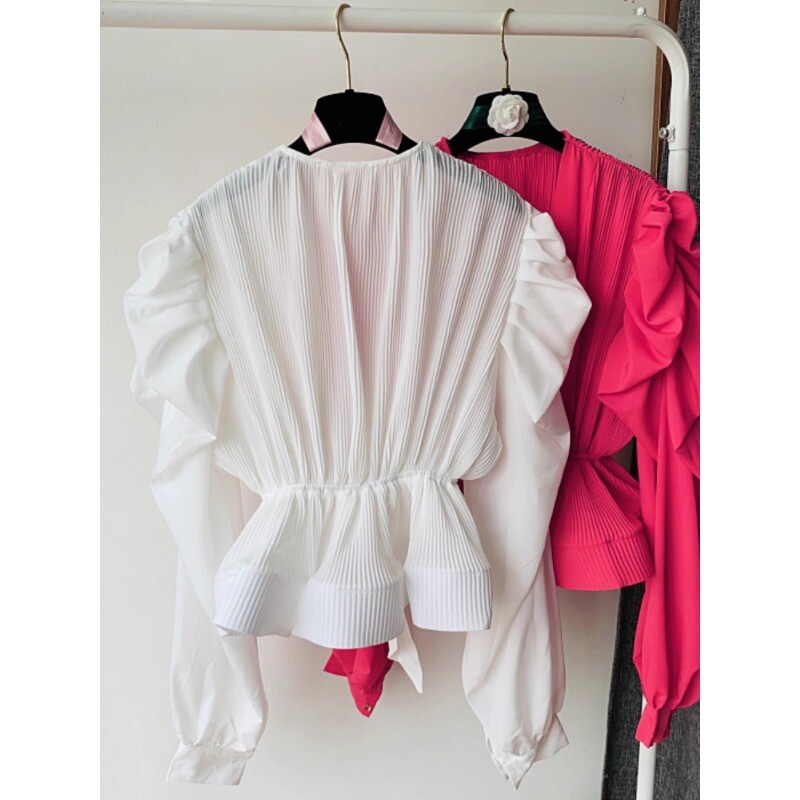 Elegáns francia blúz női hajlított élű, V-nyakú, hosszú, felfújt ujjú ingek Őszi udvar stílusú alkalmi női felsők Dropshipping