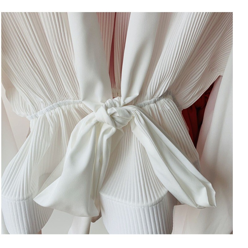 Elegáns francia blúz női hajlított élű, V-nyakú, hosszú, felfújt ujjú ingek Őszi udvar stílusú alkalmi női felsők Dropshipping