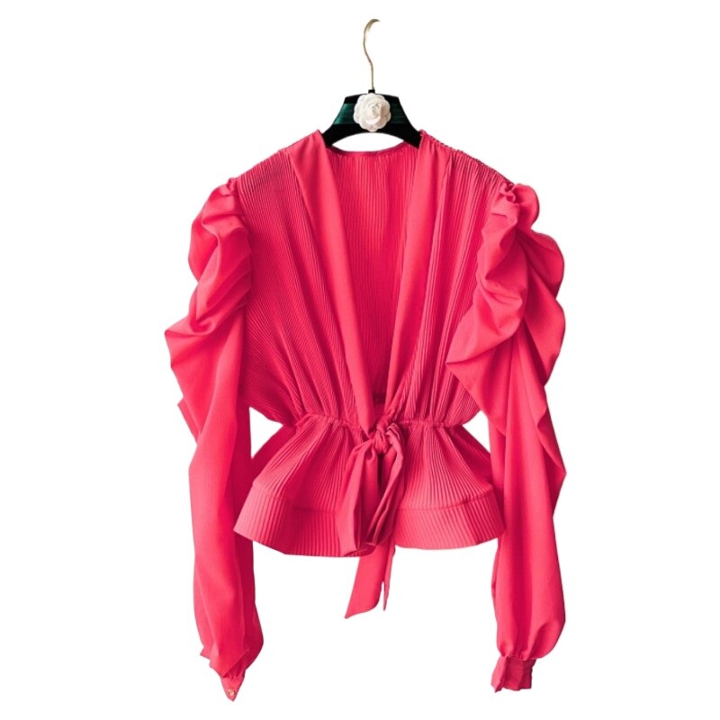 Elegáns francia blúz női hajlított élű, V-nyakú, hosszú, felfújt ujjú ingek Őszi udvar stílusú alkalmi női felsők Dropshipping