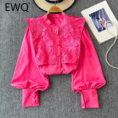 EWQ alkalmi fodros csipke kimélyedő ing női sokoldalú állógallér hosszú ujjú bő szabású tömör felsőruha 2024 új 27X907