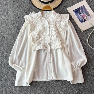 EWQ alkalmi fodros csipke kimélyedő ing női sokoldalú állógallér hosszú ujjú bő szabású tömör felsőruha 2024 új 27X907