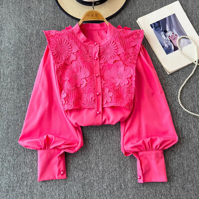 EWQ alkalmi fodros csipke kimélyedő ing női sokoldalú állógallér hosszú ujjú bő szabású tömör felsőruha 2024 új 27X907