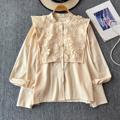 EWQ alkalmi fodros csipke kimélyedő ing női sokoldalú állógallér hosszú ujjú bő szabású tömör felsőruha 2024 új 27X907