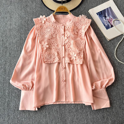 EWQ alkalmi fodros csipke kimélyedő ing női sokoldalú állógallér hosszú ujjú bő szabású tömör felsőruha 2024 új 27X907