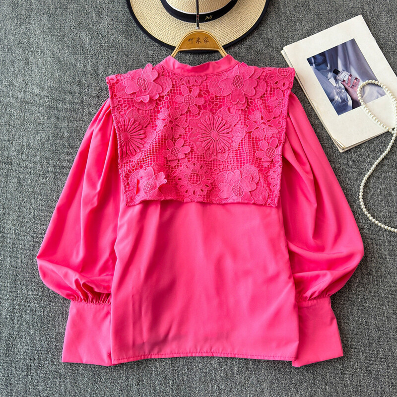 EWQ alkalmi fodros csipke kimélyedő ing női sokoldalú állógallér hosszú ujjú bő szabású tömör felsőruha 2024 új 27X907