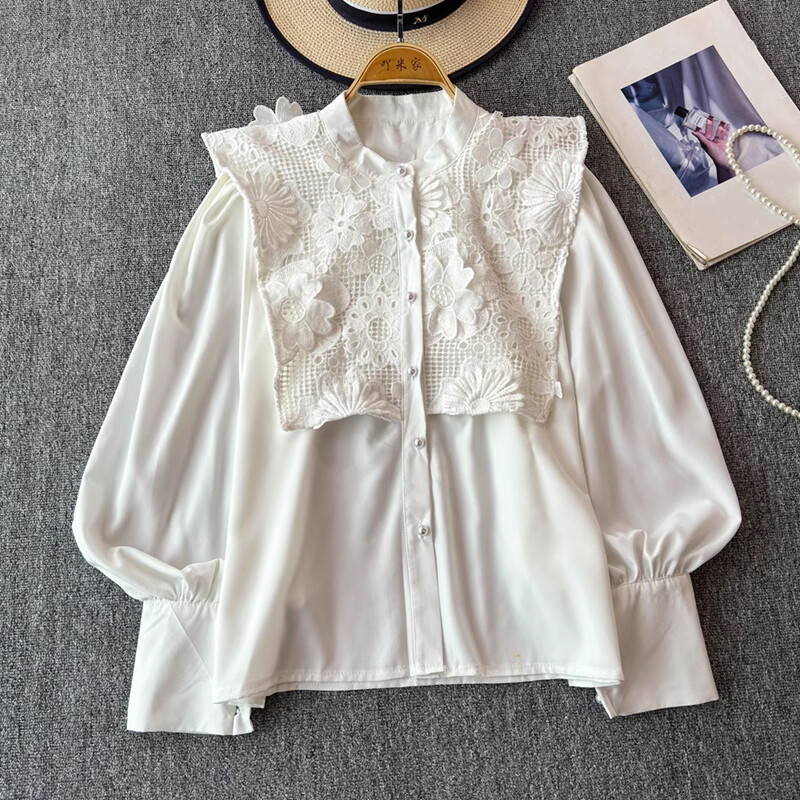 EWQ alkalmi fodros csipke kimélyedő ing női sokoldalú állógallér hosszú ujjú bő szabású tömör felsőruha 2024 új 27X907