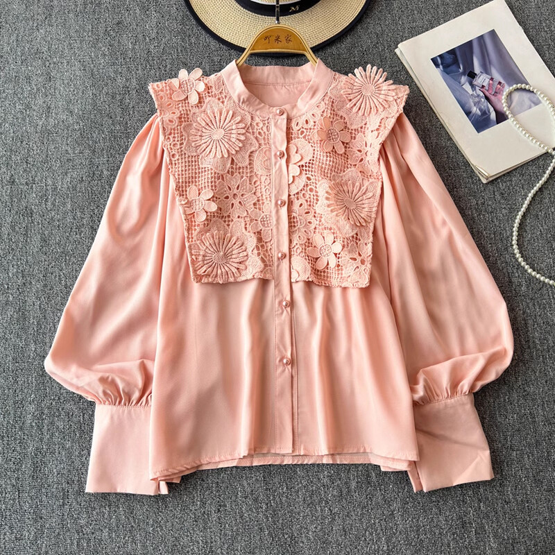 EWQ alkalmi fodros csipke kimélyedő ing női sokoldalú állógallér hosszú ujjú bő szabású tömör felsőruha 2024 új 27X907