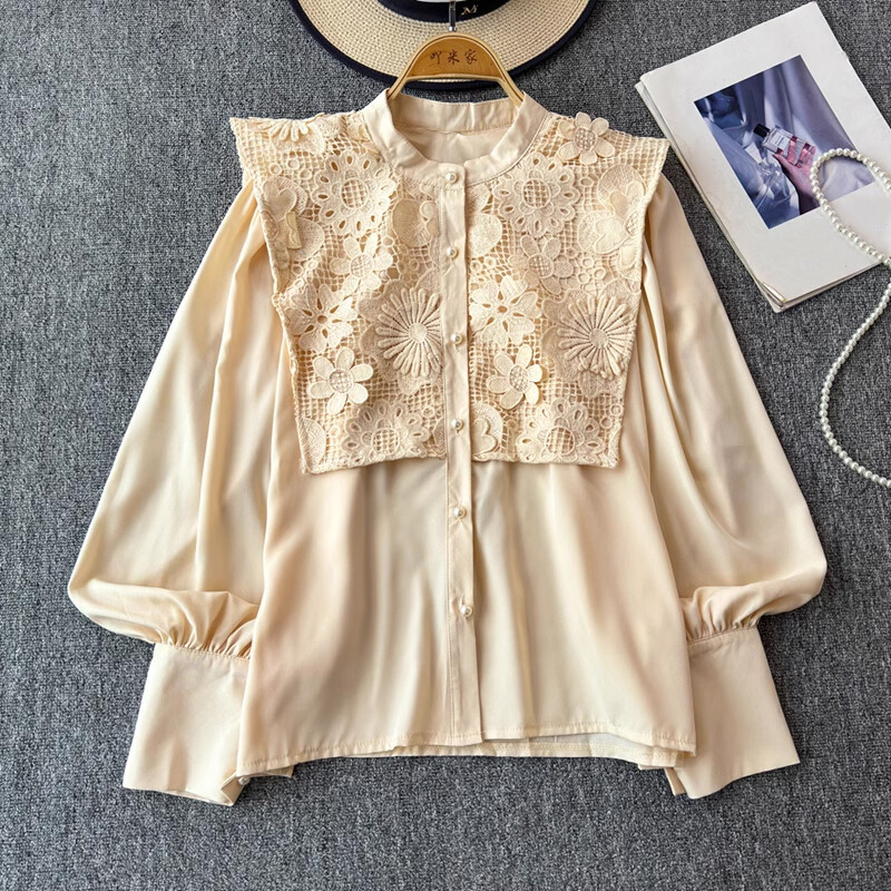 EWQ alkalmi fodros csipke kimélyedő ing női sokoldalú állógallér hosszú ujjú bő szabású tömör felsőruha 2024 új 27X907