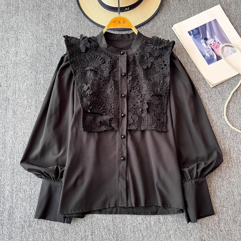 EWQ alkalmi fodros csipke kimélyedő ing női sokoldalú állógallér hosszú ujjú bő szabású tömör felsőruha 2024 új 27X907