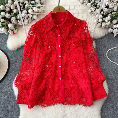 EWQ alkalmi csipke, virágos toldású, kivágott ing női hajtókás gallér hosszú ujjú egyszínű felsők Ruházat 2024 nyár új 27X469