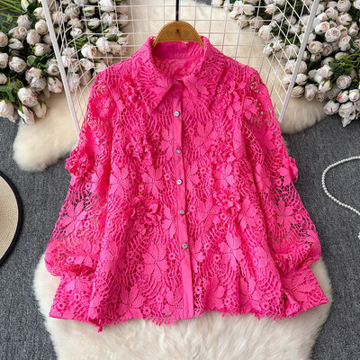 EWQ alkalmi csipke, virágos toldású, kivágott ing női hajtókás gallér hosszú ujjú egyszínű felsők Ruházat 2024 nyár új 27X469