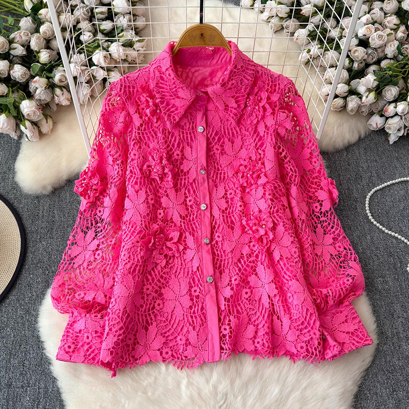 EWQ alkalmi csipke, virágos toldású, kivágott ing női hajtókás gallér hosszú ujjú egyszínű felsők Ruházat 2024 nyár új 27X469