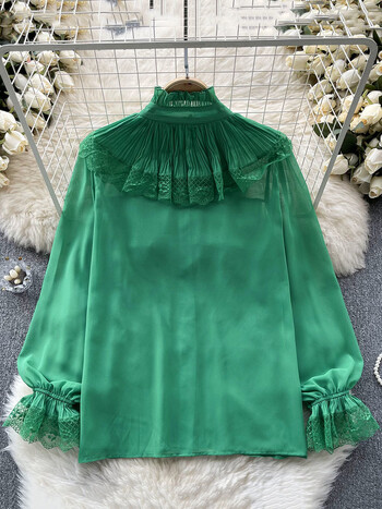 EWQ Sweet Style Дамска жилетка Блуза Shirring Ruffles Lace Flower Flare Sleeve Едноцветни ризи Зима Пролет 2024 Ново SN5554