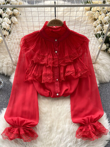 EWQ Sweet Style Дамска жилетка Блуза Shirring Ruffles Lace Flower Flare Sleeve Едноцветни ризи Зима Пролет 2024 Ново SN5554