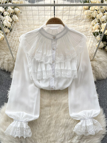 EWQ Sweet Style Дамска жилетка Блуза Shirring Ruffles Lace Flower Flare Sleeve Едноцветни ризи Зима Пролет 2024 Ново SN5554