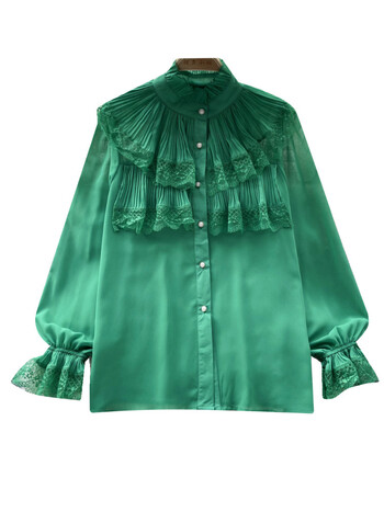 EWQ Sweet Style Дамска жилетка Блуза Shirring Ruffles Lace Flower Flare Sleeve Едноцветни ризи Зима Пролет 2024 Ново SN5554