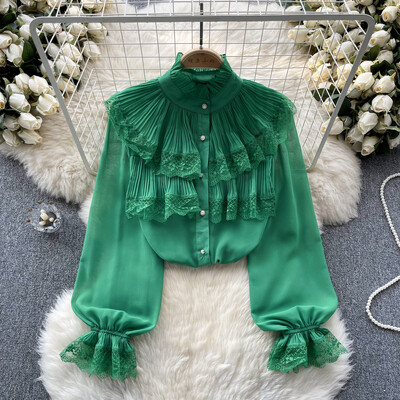 EWQ Sweet Style Γυναικεία ζακέτα μπλούζα Shiring Ruffles Lace Flower Flare μανίκια μονόχρωμα πουκάμισα Χειμώνας Άνοιξη 2024 Νέο SN5554
