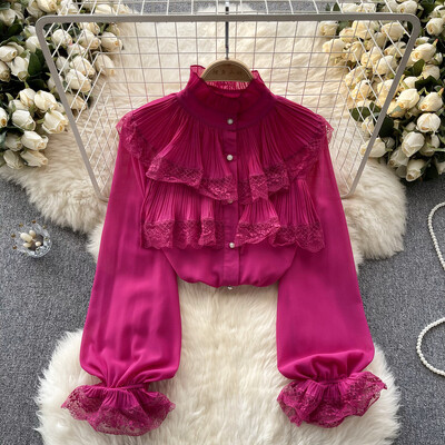 EWQ Sweet Style Γυναικεία ζακέτα μπλούζα Shiring Ruffles Lace Flower Flare μανίκια μονόχρωμα πουκάμισα Χειμώνας Άνοιξη 2024 Νέο SN5554