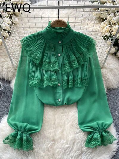 EWQ Sweet Style Γυναικεία ζακέτα μπλούζα Shiring Ruffles Lace Flower Flare μανίκια μονόχρωμα πουκάμισα Χειμώνας Άνοιξη 2024 Νέο SN5554