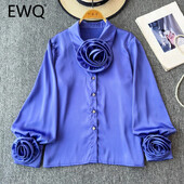 EWQ divatos 3D virágos póló női hajtókás gallérral hosszú ujjú sokoldalú egyszínű felsőruházat 2024 új 27X817