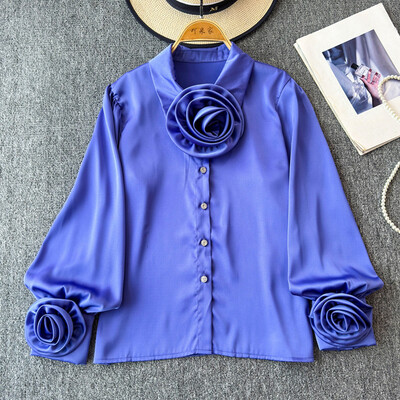 EWQ divatos 3D virágos póló női hajtókás gallérral hosszú ujjú sokoldalú egyszínű felsőruházat 2024 új 27X817