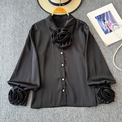 EWQ divatos 3D virágos póló női hajtókás gallérral hosszú ujjú sokoldalú egyszínű felsőruházat 2024 új 27X817