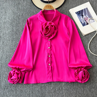 EWQ divatos 3D virágos póló női hajtókás gallérral hosszú ujjú sokoldalú egyszínű felsőruházat 2024 új 27X817