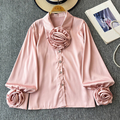 EWQ divatos 3D virágos póló női hajtókás gallérral hosszú ujjú sokoldalú egyszínű felsőruházat 2024 új 27X817