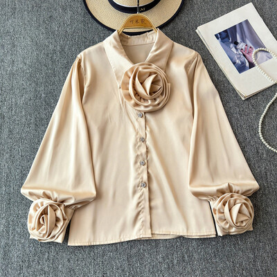 EWQ divatos 3D virágos póló női hajtókás gallérral hosszú ujjú sokoldalú egyszínű felsőruházat 2024 új 27X817