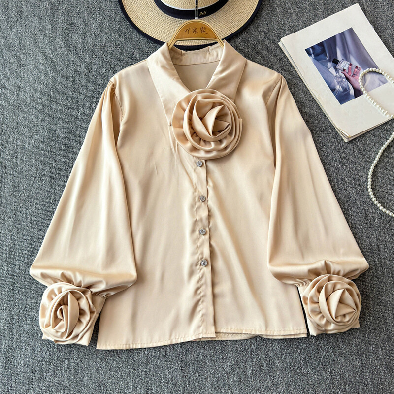 EWQ divatos 3D virágos póló női hajtókás gallérral hosszú ujjú sokoldalú egyszínű felsőruházat 2024 új 27X817