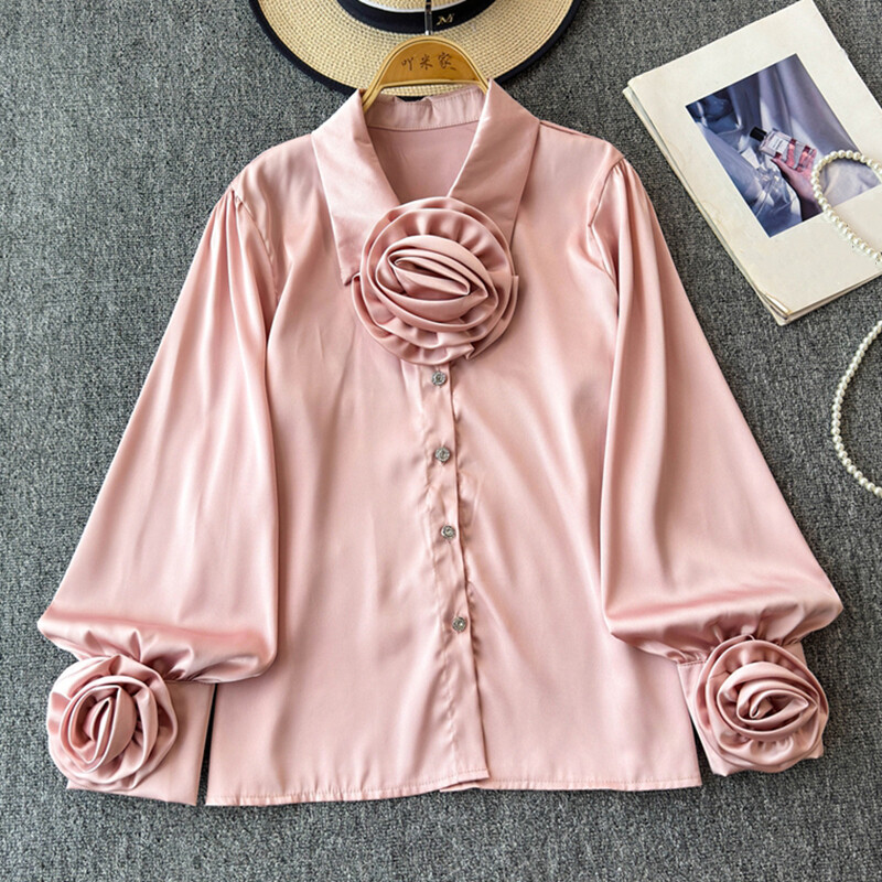 EWQ divatos 3D virágos póló női hajtókás gallérral hosszú ujjú sokoldalú egyszínű felsőruházat 2024 új 27X817