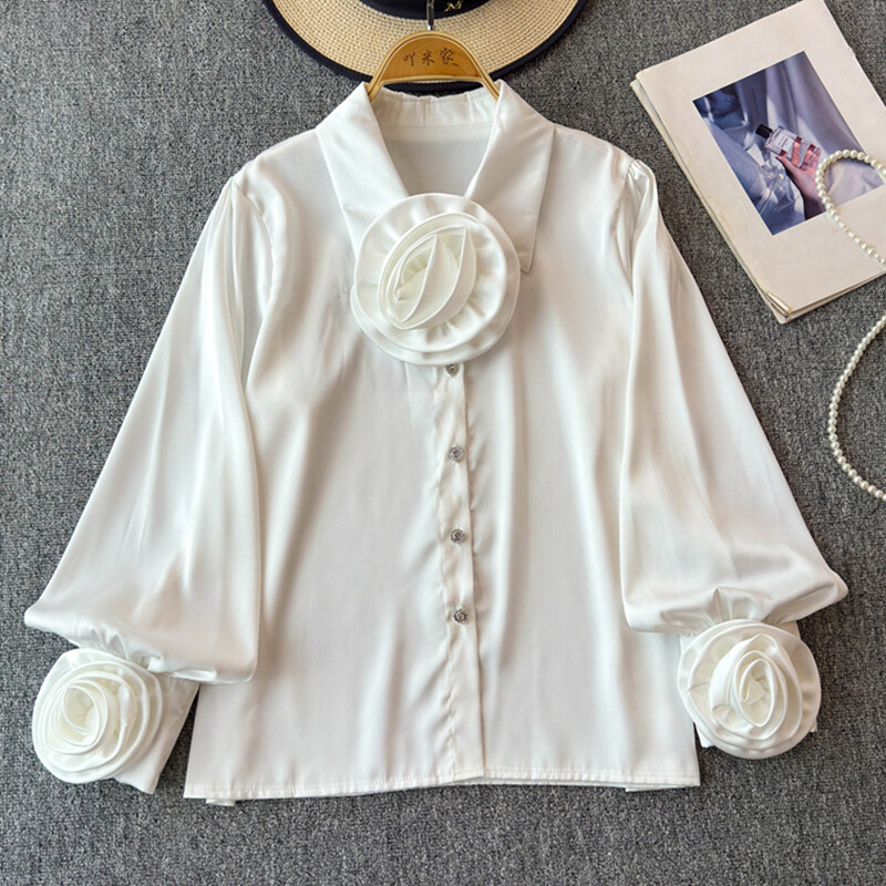 EWQ divatos 3D virágos póló női hajtókás gallérral hosszú ujjú sokoldalú egyszínű felsőruházat 2024 új 27X817