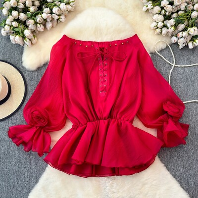 EWQ divatos, fűzős virágos blúz női napvédő egyszínű, hosszú ujjú, alkalmi felsők Ruházat 2024 Új 27X237