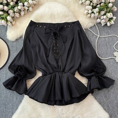 EWQ divatos, fűzős virágos blúz női napvédő egyszínű, hosszú ujjú, alkalmi felsők Ruházat 2024 Új 27X237