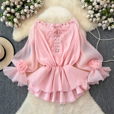 EWQ divatos, fűzős virágos blúz női napvédő egyszínű, hosszú ujjú, alkalmi felsők Ruházat 2024 Új 27X237