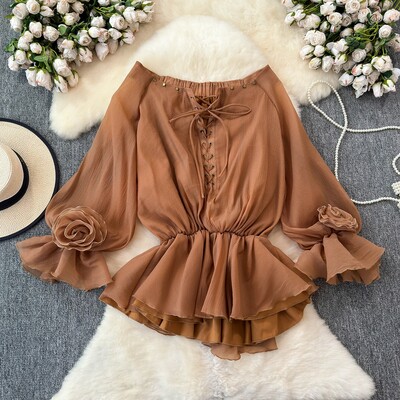 EWQ divatos, fűzős virágos blúz női napvédő egyszínű, hosszú ujjú, alkalmi felsők Ruházat 2024 Új 27X237