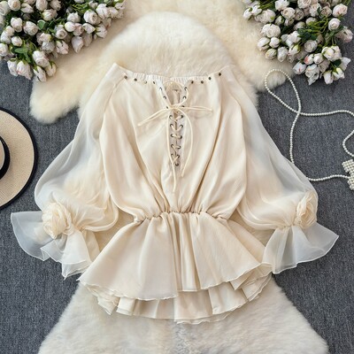 EWQ divatos, fűzős virágos blúz női napvédő egyszínű, hosszú ujjú, alkalmi felsők Ruházat 2024 Új 27X237