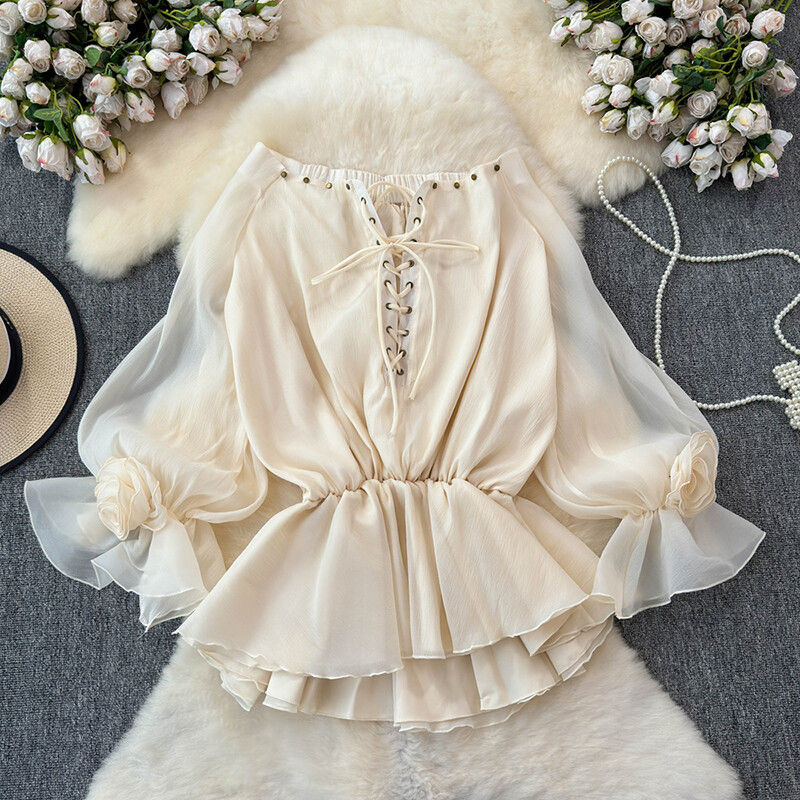 EWQ divatos, fűzős virágos blúz női napvédő egyszínű, hosszú ujjú, alkalmi felsők Ruházat 2024 Új 27X237