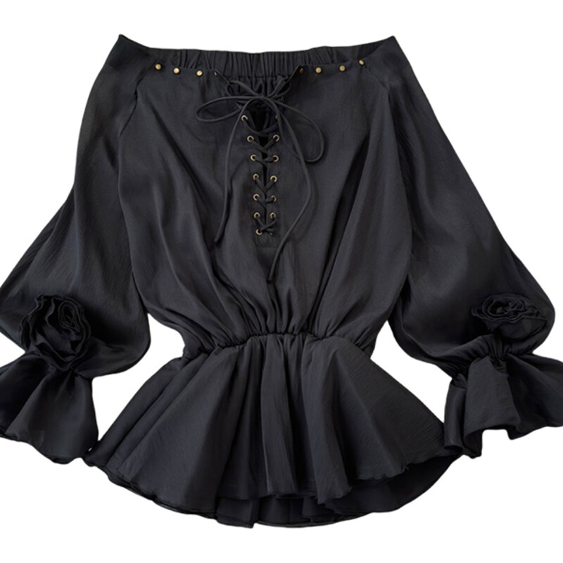 EWQ divatos, fűzős virágos blúz női napvédő egyszínű, hosszú ujjú, alkalmi felsők Ruházat 2024 Új 27X237