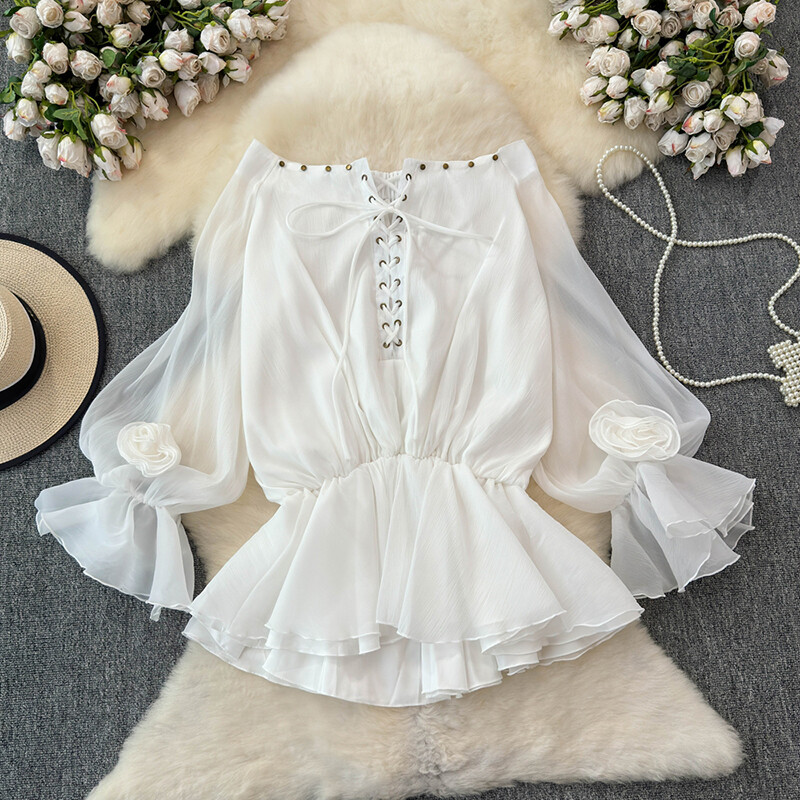 EWQ divatos, fűzős virágos blúz női napvédő egyszínű, hosszú ujjú, alkalmi felsők Ruházat 2024 Új 27X237