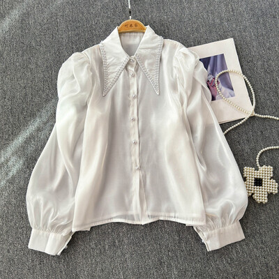 EWQ Fashion gyöngyfűzős toldott ing női alkalmi szolid 2024 őszi új hajtókás gallér hosszú ujjú napvédő felsőruha 27X894