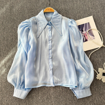 EWQ Fashion gyöngyfűzős toldott ing női alkalmi szolid 2024 őszi új hajtókás gallér hosszú ujjú napvédő felsőruha 27X894