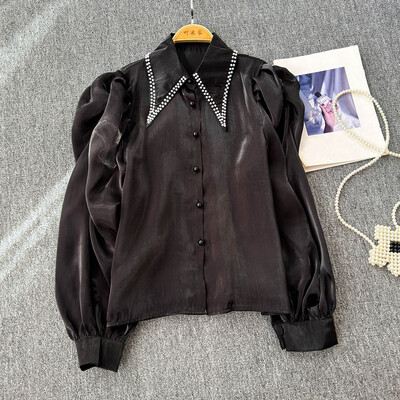 EWQ Fashion gyöngyfűzős toldott ing női alkalmi szolid 2024 őszi új hajtókás gallér hosszú ujjú napvédő felsőruha 27X894