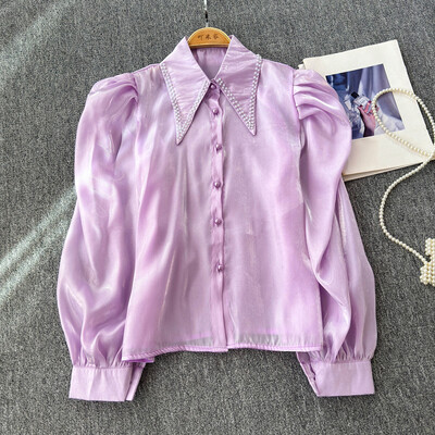 EWQ Fashion gyöngyfűzős toldott ing női alkalmi szolid 2024 őszi új hajtókás gallér hosszú ujjú napvédő felsőruha 27X894