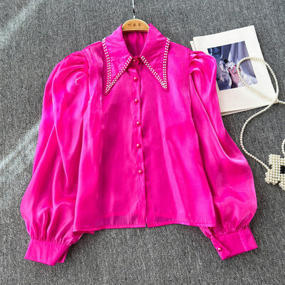 EWQ Fashion gyöngyfűzős toldott ing női alkalmi szolid 2024 őszi új hajtókás gallér hosszú ujjú napvédő felsőruha 27X894