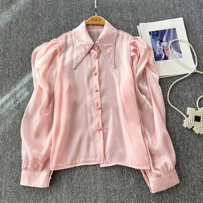 EWQ Fashion gyöngyfűzős toldott ing női alkalmi szolid 2024 őszi új hajtókás gallér hosszú ujjú napvédő felsőruha 27X894