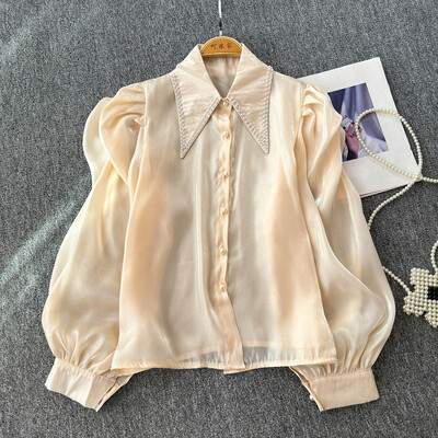 EWQ Fashion gyöngyfűzős toldott ing női alkalmi szolid 2024 őszi új hajtókás gallér hosszú ujjú napvédő felsőruha 27X894