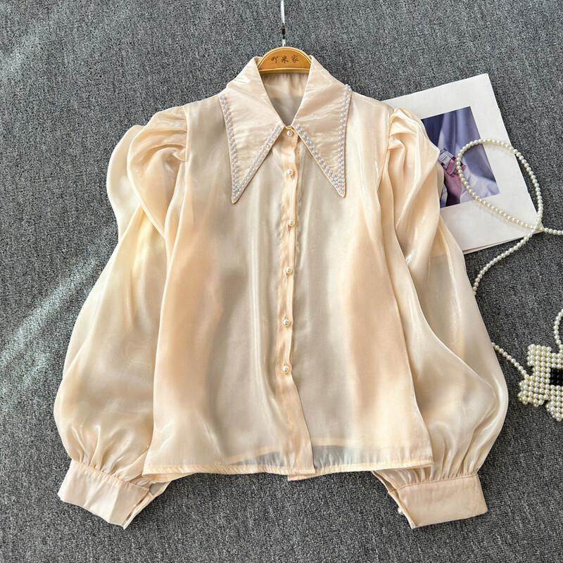 EWQ Fashion gyöngyfűzős toldott ing női alkalmi szolid 2024 őszi új hajtókás gallér hosszú ujjú napvédő felsőruha 27X894