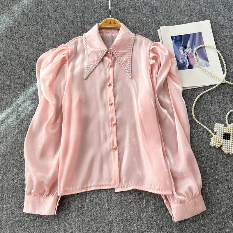 EWQ Fashion gyöngyfűzős toldott ing női alkalmi szolid 2024 őszi új hajtókás gallér hosszú ujjú napvédő felsőruha 27X894